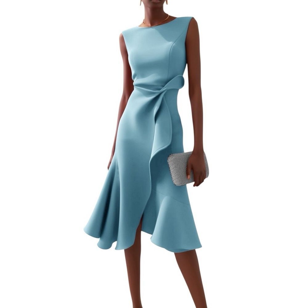 Fehaute Asymmetric Boat Neck Midi A-line Dress Waist Twist in Light Blue 10 NWT
